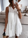 Summer Boho White Beach Dress Women Casual Sleeveless Ruffles Dress Party Plain Lace Hollow Out V-neck Tank Vestidos-Outfit