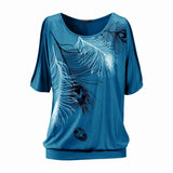 Women Feather Printed T-shirts O- neck Strapless Shirts Off Shoulder Short-sleeved T-shirt Loose