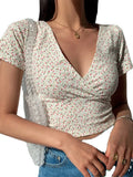 French Retro Floral V-neck Short-sleeved T-shirt Slim Slimming Wild High Waist Women's Top Harajuku Graphic T Shirts-Outfit