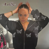 Black Y2K Autumn Hoodies Women Butterfly Diamond Zip Up Korean Sweatshirt Winter Jacket Long Sleeve Hood Pullovers