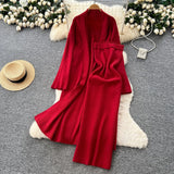 Simple Style Solid Knitted Light Sister Suit Girl Winter Body-Clamping T-Shirt Dress With Long Open Shirt