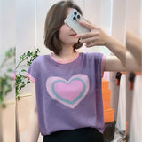Women's Heart-shaped Printing Thin Bamboo Knot Cotton Short Sleeve Casual Loose and Cool Versatile Temperament Tops-Outfit