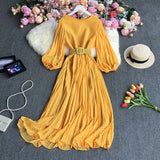Autumn New Style Waist Shows Thin Retro Print Sweet Aging French Dress Super Immortal Chiffon Pleated Skirt-Outfit