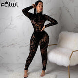 Fall Streetwear Print O Neck Jumpsuit Rompers Womens Long Sleeve Jumpsuits Black Mesh One Piece Outfits Bodycon