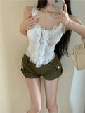 Temperament Babes White Slings Summer New Wear Lace Sexy Vest Short Sleeveless Top