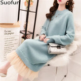 Solid O-Neck Mid Length Over Knee Women's Woolen Dress 2021 New Fashion Loose Lace For Girls Spring Autumn Sweater