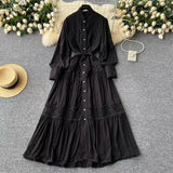 High-End Retro Lace Splicing Pearl Single Buckle Thin Temperament Collar Lantern Sleeve