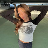 Vintage Y2k Abstract Print Raglan Long Sleeve Crop Top Streetwear Women 2000s Grunge Baby Tee Graphic T Shirts