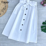Elegant Skirts Womens Elastic Waist Buttons Bow Stretched Skirt With Pocket Female Casual Solid Color