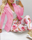 Femme Formal Jacket & Trousers Office Lady Outfits Autumn Women two Pieces set Chain Print Blazer Coat & Pants Suit