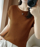 Silk Knitted Women Loose 2025 Summer New Gray Top Collar Thin Short-Sleeved T-Shirt