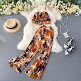 Bohemian Floral Two Piece Set Women Sexy Slash Neck Spaghetti Strap Short Tops + High Waist Wide Leg Pants Pleated 2pcs Suit