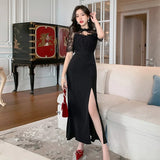 Summer Vintage Lace Splicing Maxi Party Dress Ladies Elegant OL Casual Short Sleeve O-Neck Split Black Vacation