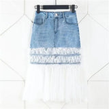 Women's Denim Skirt High Waist Patchwork Irregular Contrast Color Mesh Wrap Hip Mini Skirts 2024 Summer New Fashion 29L1167-Outfit