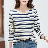 Autumn Women's Pullover Round Neck Embroidery Solid Striped Long Sleeve Undershirt Slim T-shirt Office Lady Casual Tops-Outfit