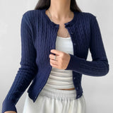 colors Women Cable Twist Knitted Cardigan Round Collar Center Buttons Sweater Full Sleeve Short Jumper Gray-Outfit