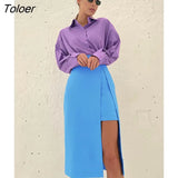 Elegant Patchwork Fashion Skirt 2022 Purple Chic Women High Waist Midi Skirts Slit Office Ladies Asymmetrical