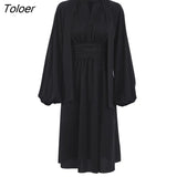 Christmas Low Cut Party Dress Bow Collar Lace Up Hollow Out Pleated Chiffon Dress Lantern Sleeve A-Line Autumn Midi