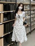 Floral Dress Women Summer Elegant Party Midi Dresses Casual Puff Sleeve Designer Chic Korean Fashion Female Dress