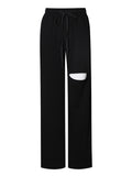 Straight Patchwork Hole Trouser For Women High Waist Lace Up Bow Casual Wide Leg Pants Female Fashion New