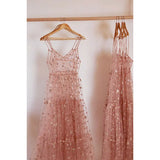 Women's Shiny Glitter Stars Mesh Sheer Bikini Cover Ups Tulle Spaghetti Straps See-through Maxi Dress Summer Beach-Outfit
