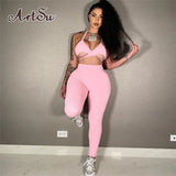Casual Sporty Set Woman 2 Pieces Halter Crop Top Camisole High Waist Pants Matching Sets Sexy Backless Solid Slim
