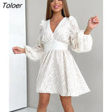 Elegant Jacquard V Neck White Mini Dresses Sexy Lantern Sleeve High Waist Bodycon Dress Black Pleated A Line Dress