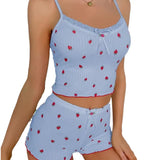 Summer New Large Print Pit Strip Home Lady Bow Slings Shorts Strawberry Print Two