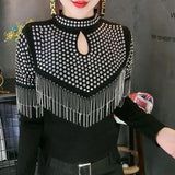 Style Slim Chic Rivet T-shirt Fashion Solid Color Spring Autumn Tassel Women's Clothing Stand Collar Cut Out Pullovers