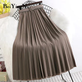 High Waist Skirts Womens Belt Fashion Metallic Party Midi Pleated Long Skirt Black Pink Casual Korean Falda Mujer
