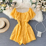 Slash Neck Women Jumpsuits 2022 New Sweet Ruffles Hollow Solid Rompers Summer Fashion Wide Leg Short