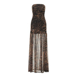 Women’s Y2K Vintage Slim Strapless Backless Mesh Patchwork Tropical Leopard Print High Slit Long Tube Party Dress-Outfit