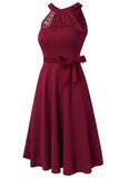 Vintage Halter Sleeveless Solid Lace Bow A-line Midi
