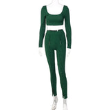 Women Rib Two Piece Sets Long Sleeve Square Collar Crop Top T-Shirt Hollow Out Buttons Design Pants Autumn High