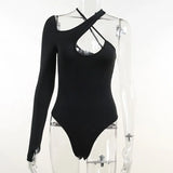 Hollow Out Green Sexy Bodycon Bodysuit Women Long Sleeve Y2K Body Tops One Shoulder Fashion Streetwear