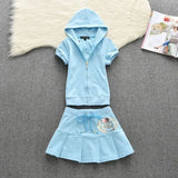 Set Hooded Zipper Top And Skirts Women Sweet Style Short Sleeve Femmel Two Piece Set S-XL Pink Color Cute