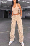 Khaki Wide Leg Cargo Jeans High Waist Big Pockets Baggy Denim Trousers Casual Oversized Pants Street Sweatpants
