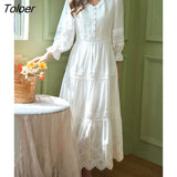 Lace Elegant Women's Dress Spring Hollow Button V Neck Lantern Sleeve White Long Dresses Boho Casual Holiday