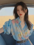 Toloer Spring And Summer New Small Shirt French Single Special Top Design Small Smell Blue Printed