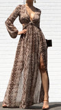 Formal Snake Skin V-Neck Long Sleeve Maxi