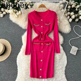 Fashion Women Sweater Dress V Neck Chain Long Sleeve Bodycon Dress Female Elastic Waist Solid Warm Knitted