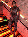 See Through Jumpsuit Women Backless Dragon Print Short Sleeve Fitness Activity Workout Overalls Slim Stretch Clubwear-Outfit