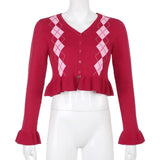 Fashion Argyle Plaid Knitted Coord Sets Adorable E-Girl Long Sleeve Ruffles Crop Tops and Mini Skirts 2 Piece Suit Red