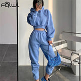 Winter Streetwear Two 2 Piece Set Sweatsuits For Tracksuit Women Long Sleeve Hooded Top Baggy Blue Pants Matching
