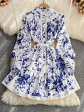 Runway Blue Floral Mini Mermaid Dress Women Elegant Ruffles Tassel Lace Hem Slim Short Dress Vestidos Robes