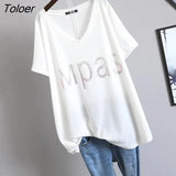 Summer New Womens T-shirt Korean Loose Oversized T-shirt Large Size Diamond V-neck Covering Belly Short Sleeve Tshirt