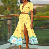Set With Maxi Skirt Black Split Ladies Suit Crop Tshirt Short Sleeve And High Waist Skirts Summer Loose Casual Fashion
