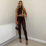 Fall Mesh Streetwear Two 2 Piece Sets Tracksuit Sweatsuits For Women Outfits Sleeveless Crop Top Black Pants Matching