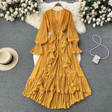 Purple/Brown/Red Chiffon Pleated Long Dress Women Vintage V-Neck Flare Sleeve Draped Ruffle Vestido Female Maxi Robe Spring