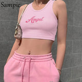 Fashion Print Summer Embroidery Crop Top White Women Casual Basic T Shirt Off Shoulder Sexy Backless Cami Tank Top